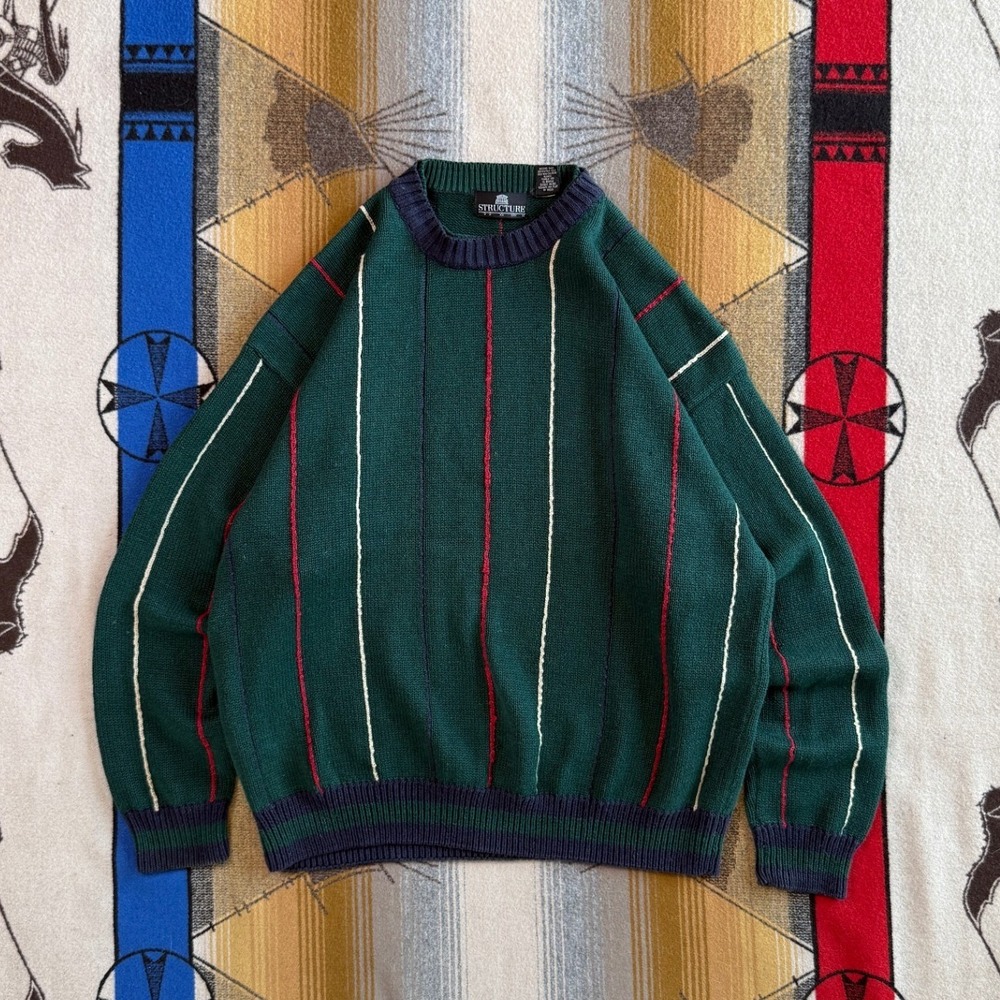 Vintage Structure Mens Green Striped Crewneck Sweater Ramie Cotton Large 90s